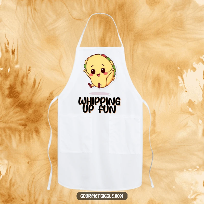 Funny cheerful taco character doing a cartwheel on an apron, energetic kitchen wear, a hilarious funny gift for cooks.