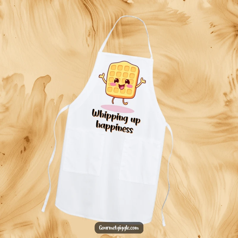 Funny Cat Apron depicting a cheerful waffle character doing a happy little bounce, bringing morning joy to the kitchen.