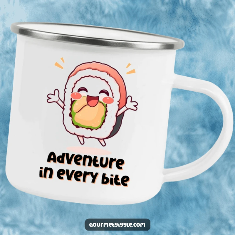 Funny sushi roll camping mug showing a delighted, jumping sushi roll, perfect for enjoying beverages outdoors with a dose of humor.
