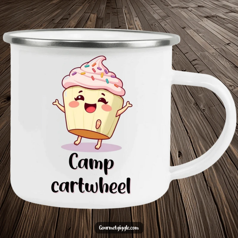 Funny camping mug with a giggling cupcake doing a cartwheel, perfect for sweet treats and outdoor humor.