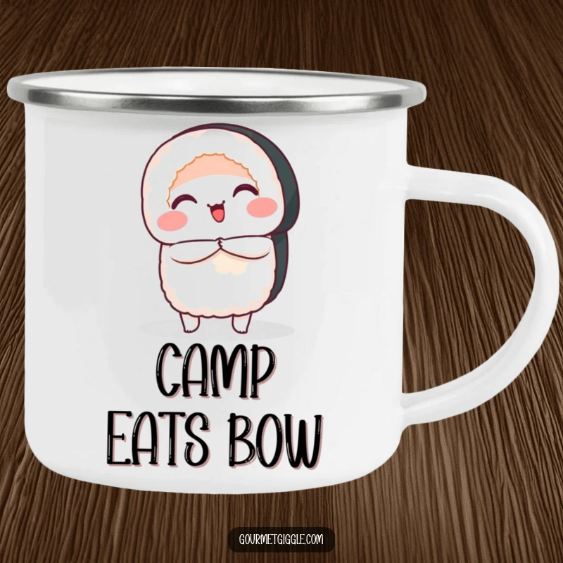 Funny Camping Mug showcasing a happy sushi roll performing a graceful bow, perfect for bringing cheer to outdoor adventures.