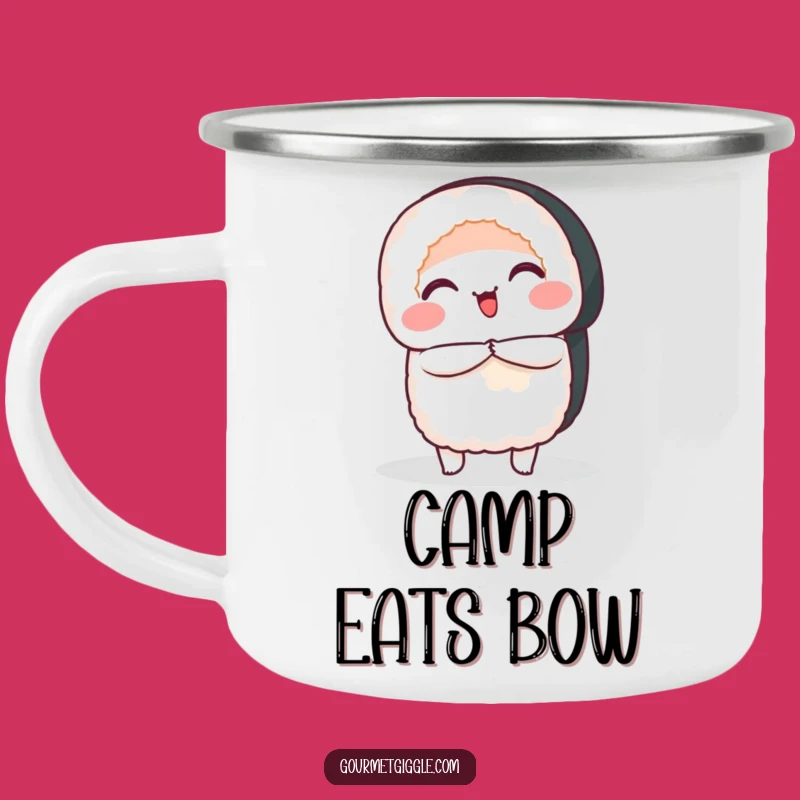 Funny Sushi Bow Camping Mug: Smiling Roll for Outdoor Etiquette