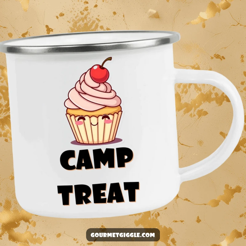 Funny camping mug featuring a cheerful cupcake with frosting and a cherry tipping its hat, ready for outdoor fun.