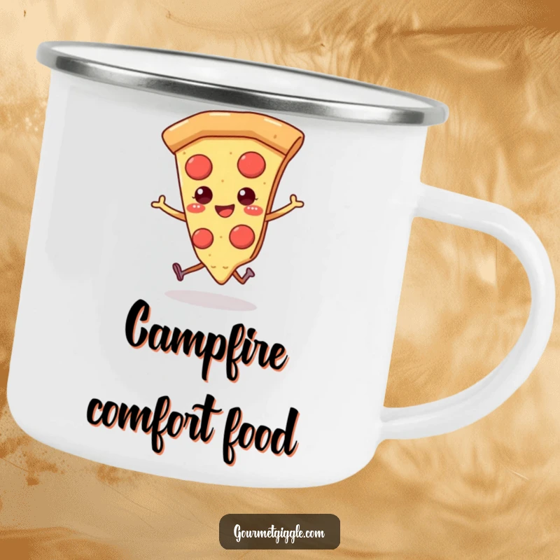 Funny pizza camping mug featuring a smiling slice of pizza with tiny legs, skipping happily for outdoor enjoyment.