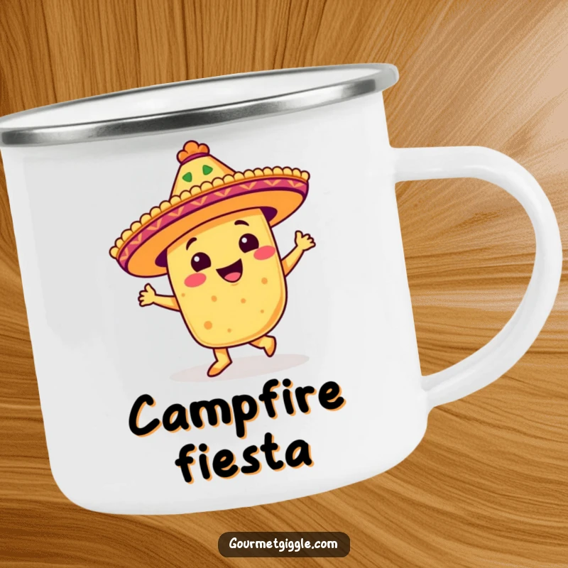 Funny camping mug featuring a beaming taco in a festive sombrero doing a salsa step, ready for outdoor fun.