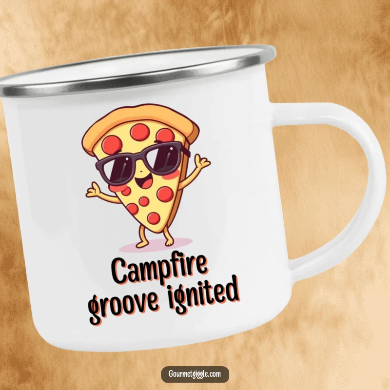 Funny pizza camping mug, sturdy and cool, showing a dancing slice with tiny sunglasses.