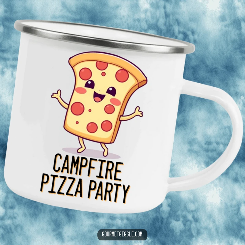 Funny Camping Mug: A smiling pizza slice enthusiastically doing a happy jig, perfect for outdoor drinks with cheesy cheer.