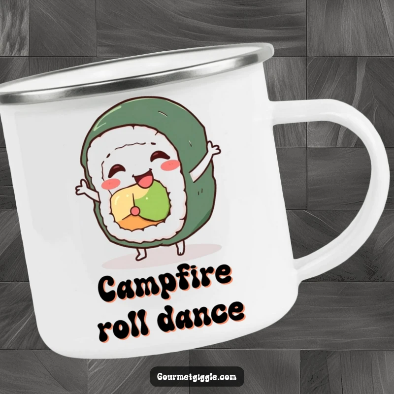 Funny sushi roll character camping mug, a wobbly roll doing a silly dance, bringing foodie fun to the outdoors.