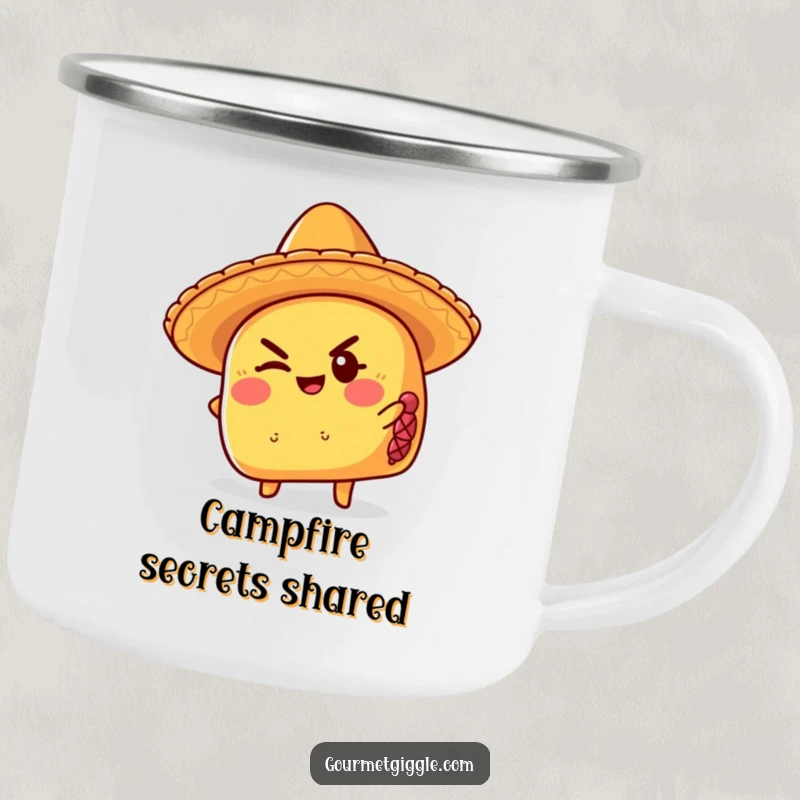 Funny taco camping mug wearing a sombrero, giving a mischievous wink, perfect for outdoor drinks and humorous adventures.