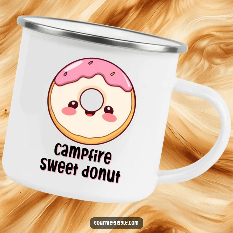 Funny donut character camping mug, a cheerful, round donut with a delighted expression, bringing sweet fun outdoors.