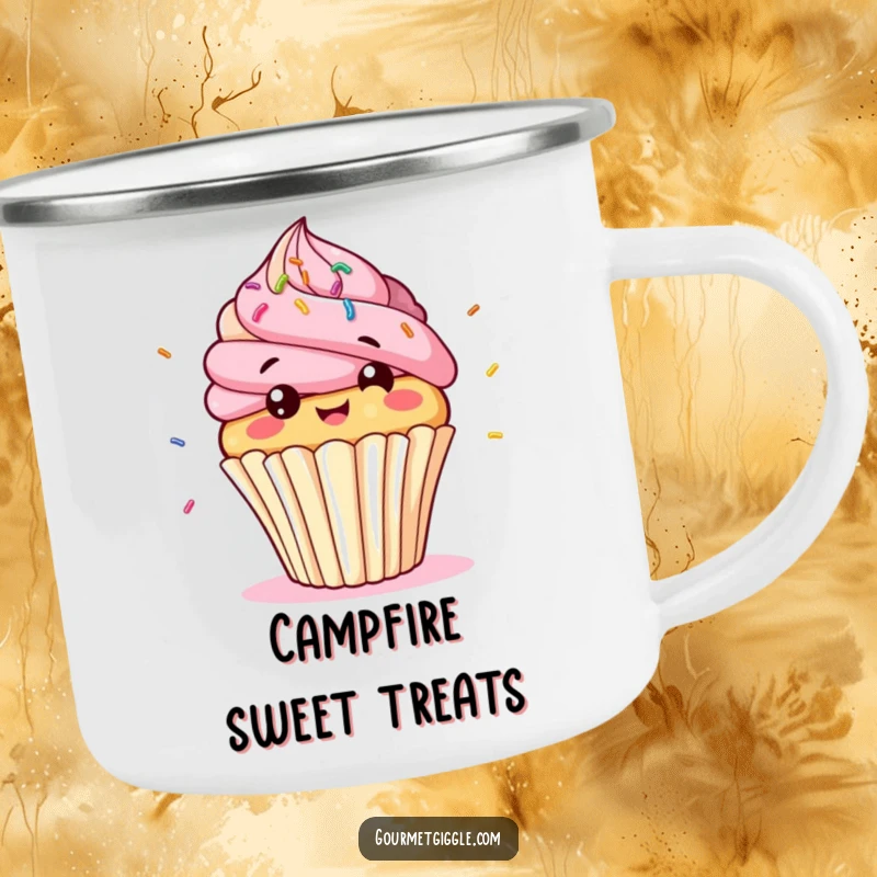 Funny cupcake character camping mug, a giggling, bobbing cupcake with bouncing sprinkles, bringing sweet fun outdoors.