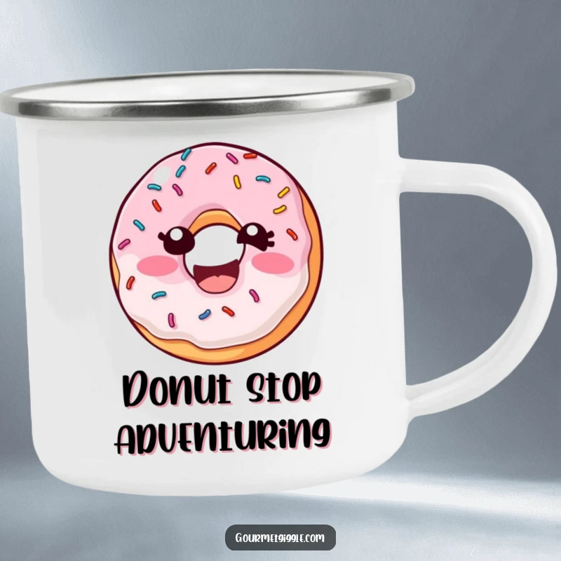 Funny Donut Sprinkles Camping Mug featuring a laughing donut with sprinkles wiggling with mirth, perfect for outdoor enthusiasts who enjoy a fun, sweet vibe.