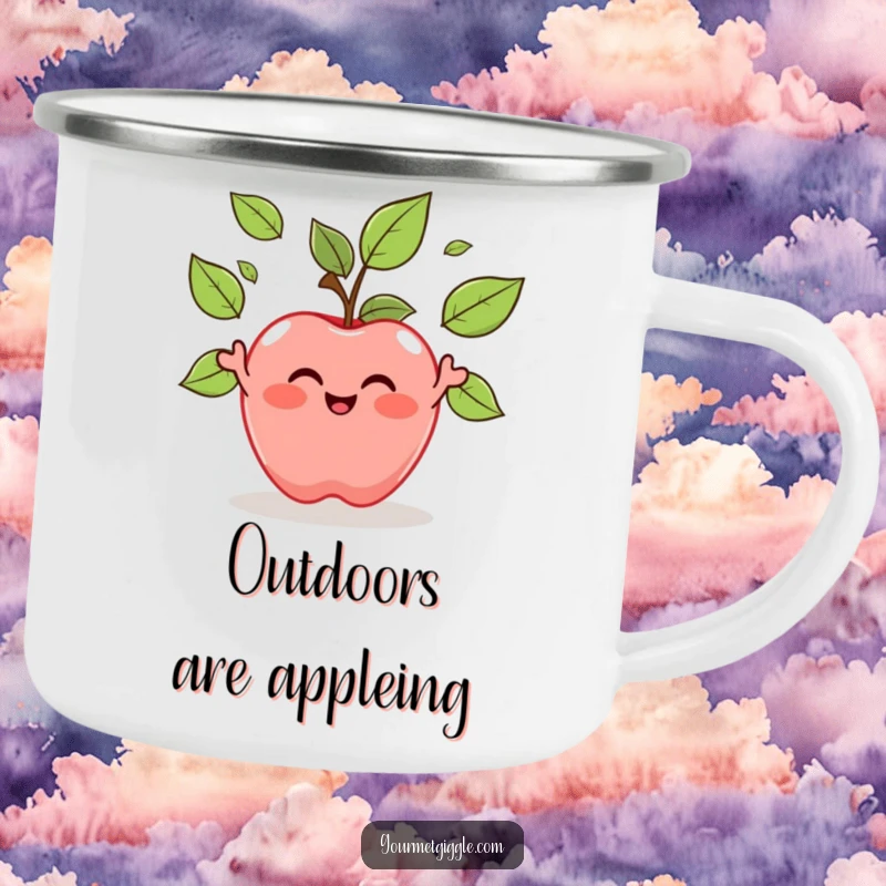 Funny Apple Juggling Leaves Camping Mug: A smiling apple juggles its leaves, perfect for enjoying beverages during outdoor adventures.