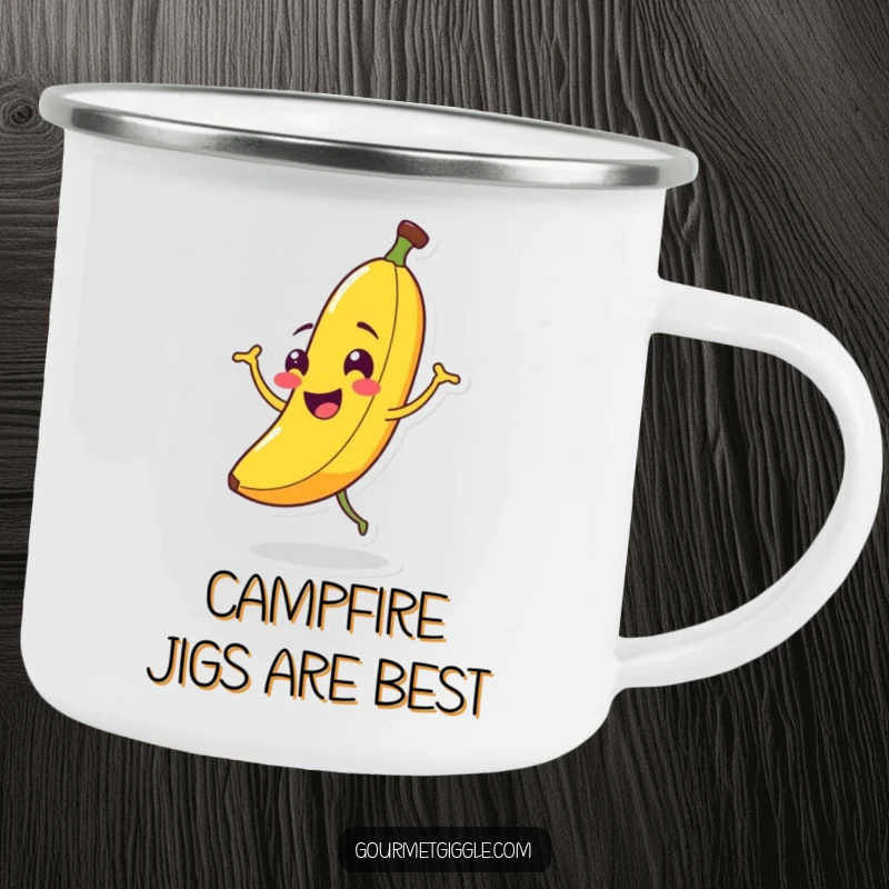 Funny Banana Jigging Camping Mug: A smiling banana dances, perfect for enjoying drinks around the campfire with a side of humor.