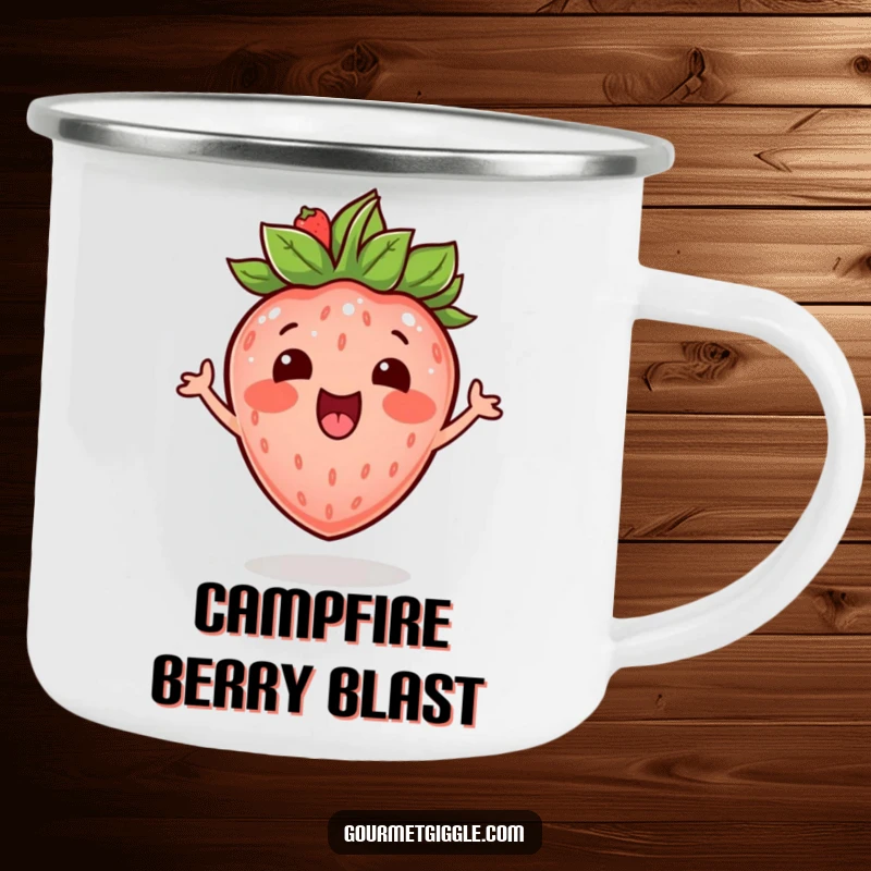 Funny excited strawberry with a leafy crown, bouncing with mirth on a durable and cheerful camping mug.