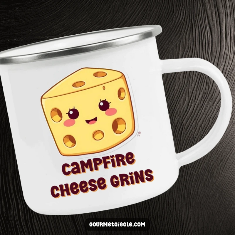 Funny cheese camping mug with a happy character and wide grin, ideal for outdoor enthusiasts seeking cheesy humor.