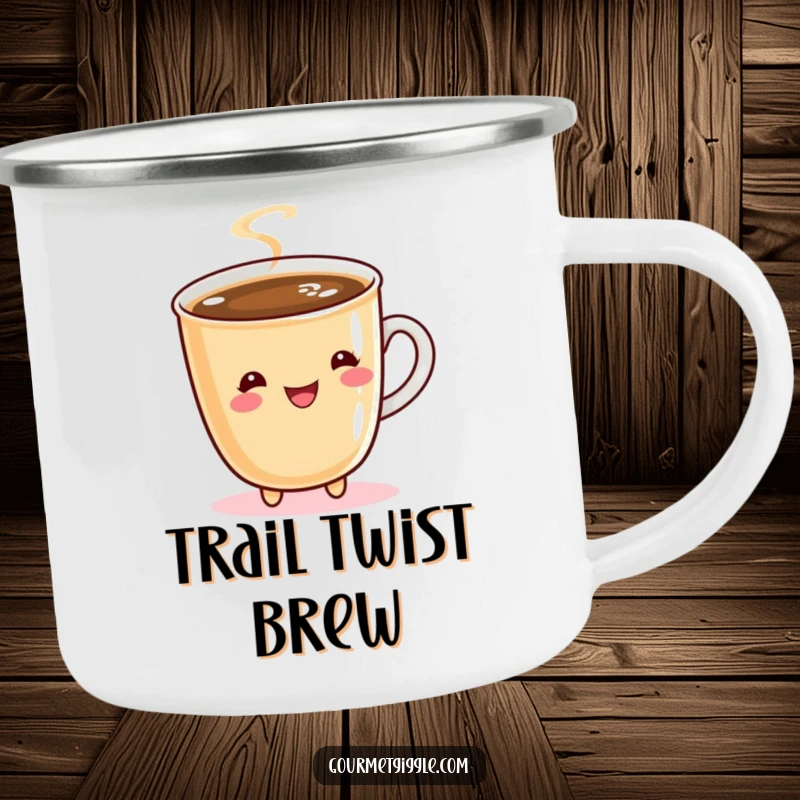 Funny camping mug showing a bubbly cup of coffee doing a cheerful twirl, ideal for enjoying drinks outdoors.