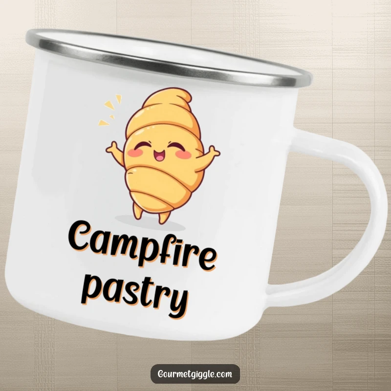 Funny Croissant Camping Mug showcasing a winking croissant engaged in a playful dance with a flourish, ready for outdoor enjoyment.