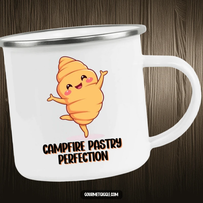 Funny Camping Mug: A grinning croissant performing a graceful pirouette, perfect for enjoying beverages outdoors with Parisian chic.