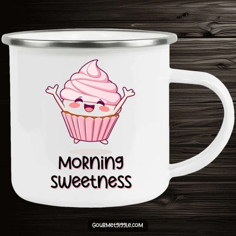 Funny Cupcake Camping Mug featuring a smiling cupcake character joyfully leaping, ready for outdoor fun.