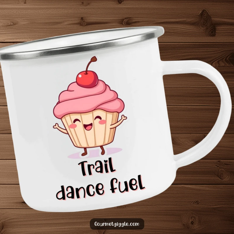 Funny Cupcake Dance Camping Mug featuring a happy cupcake with a cherry, perfect for enjoying beverages with a side of humor.
