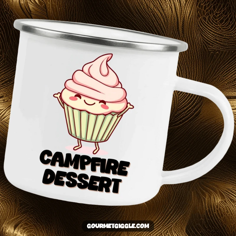 Funny Camping Mug showcasing a happy cupcake doing a lively jig, perfect for bringing cheer to outdoor adventures.