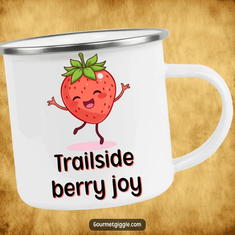 Funny enamel camping mug with a smiling strawberry with legs dancing joyfully, perfect for outdoor fun.