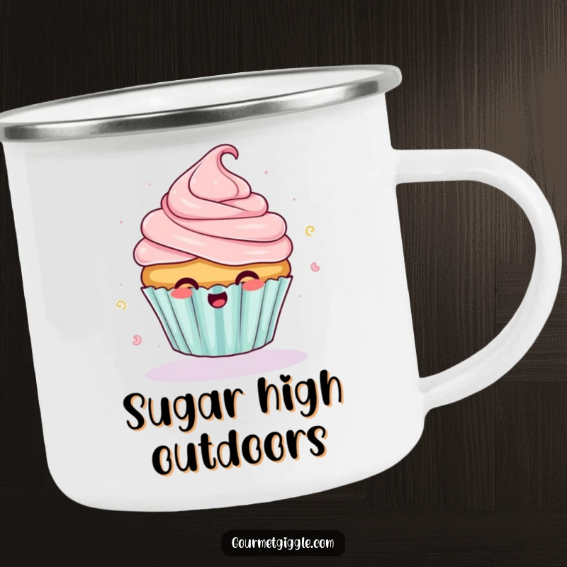 Funny giggling cupcake camping mug with frosting flying off mid-spin, ideal for outdoor drinks and sweet, humorous moments.