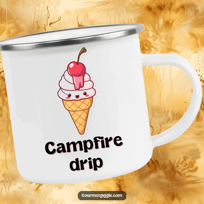 Funny Camping Mug showcasing a cheerful, melty ice cream cone with a cherry, adding humor to outdoor experiences.