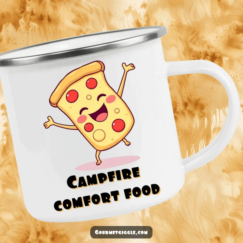 Funny pizza cartwheel camping mug, showing a smiling slice of pizza doing a joyful cartwheel, for outdoor use.