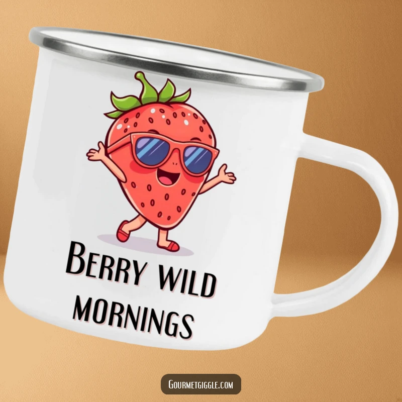 Funny Strawberry Sunglasses Camping Mug featuring a cheerful dancing strawberry with cool sunglasses, perfect for outdoor enthusiasts who enjoy a playful vibe.
