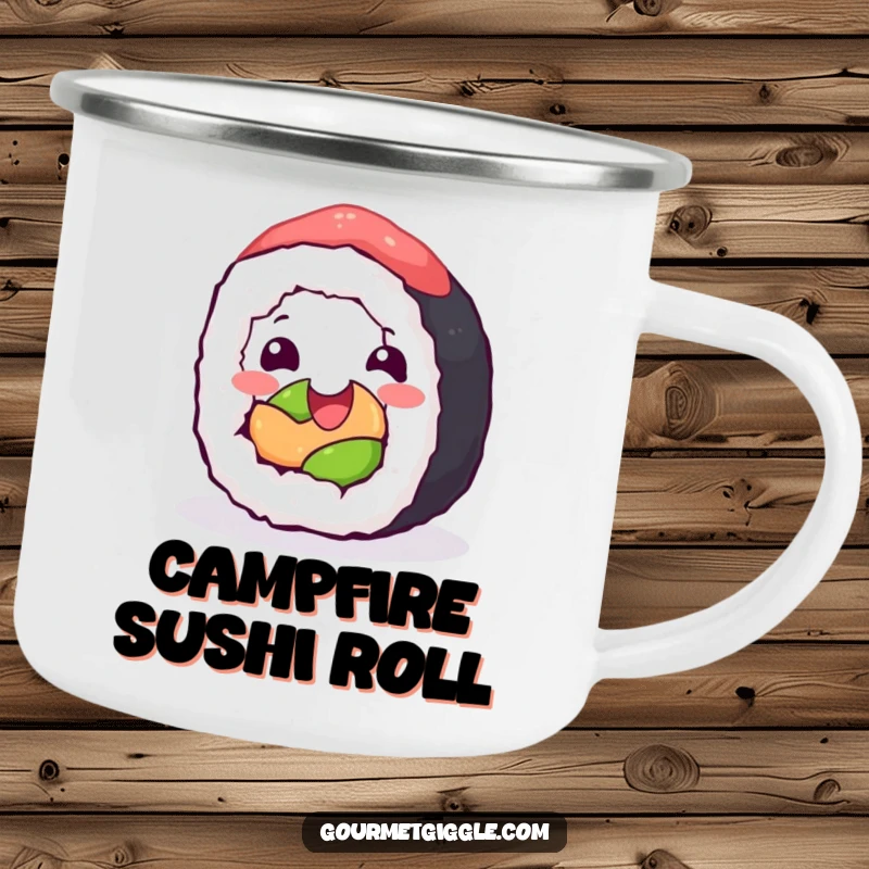 Funny Camping Mug: A happy sushi roll joyfully rolling with glee, perfect for outdoor drinks with a dose of culinary fun.
