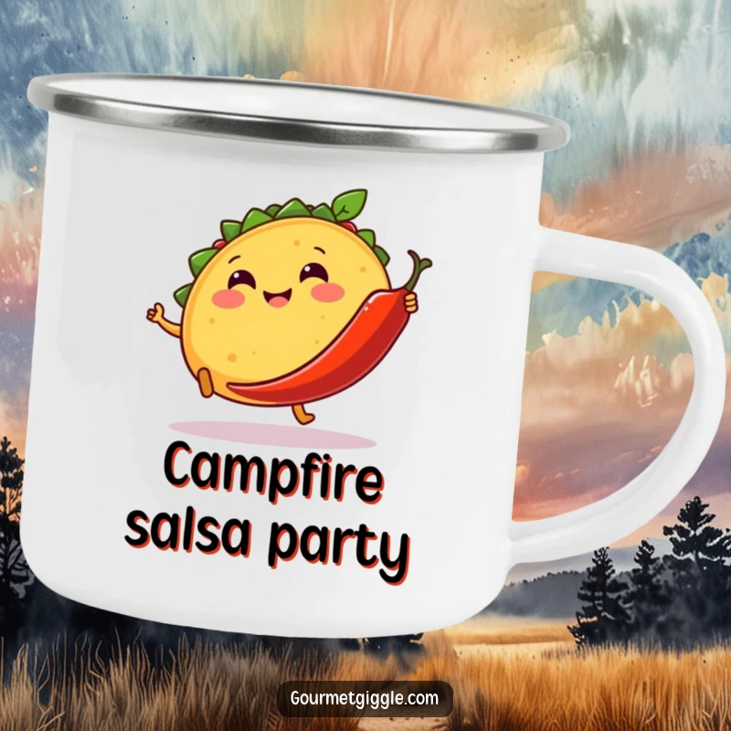 Funny camping mug with a smiling taco kicking a dancing chili pepper, perfect for humorous and fiesta-themed outdoor beverages.