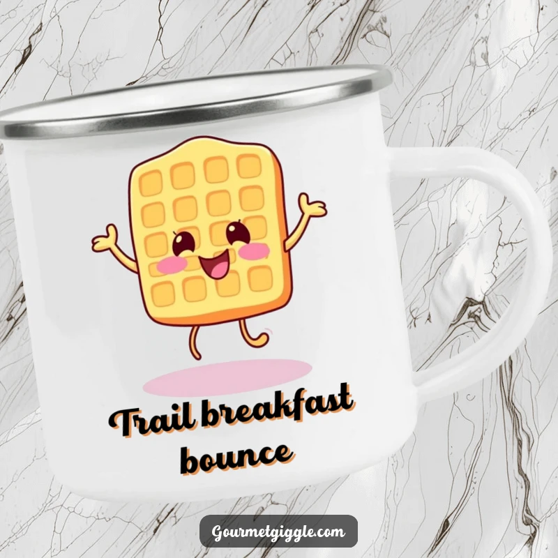 Funny Cat Camping Mug portraying a cheerful waffle character doing a happy little bounce, ideal for outdoor breakfast fun.