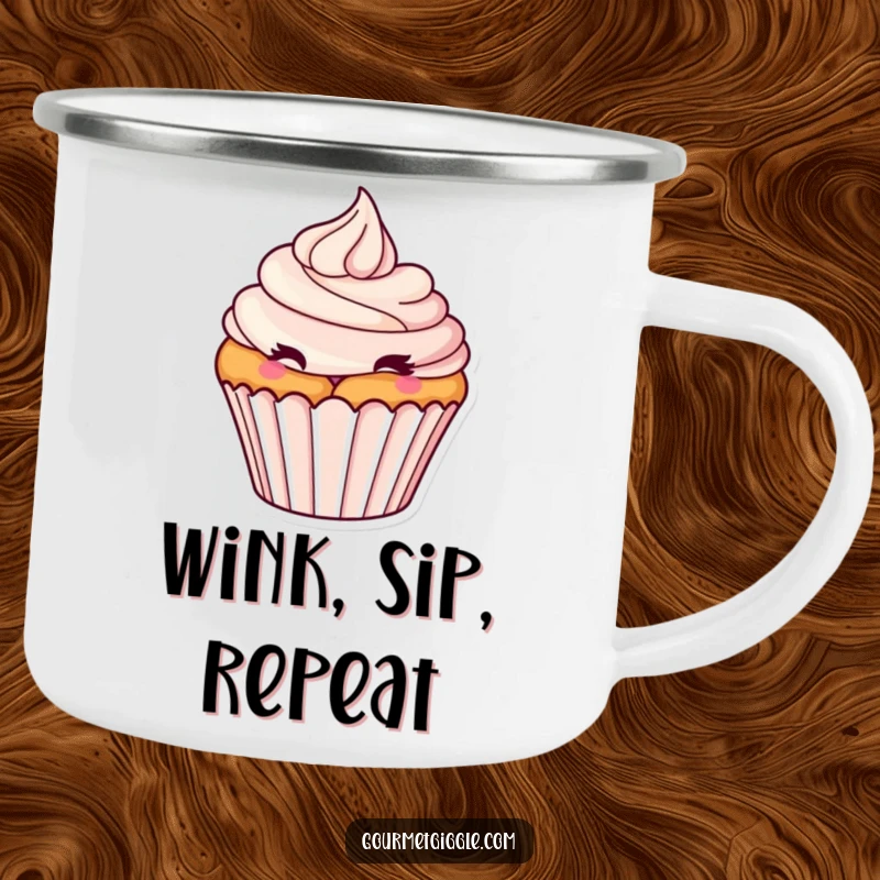 Funny Winking Cupcake Camping Mug: A durable mug with a tantalizing cupcake, frosting swirl, and a playful wink for outdoor enjoyment.