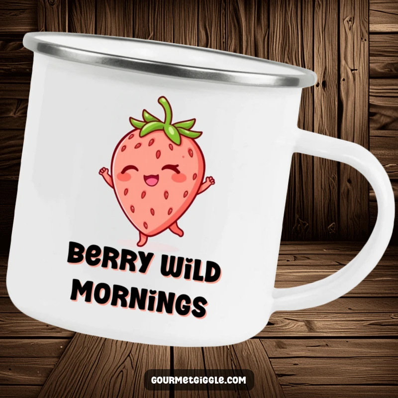 Funny winking strawberry camping mug, enamel finish, boasts a twirling fruit with a cheeky wink, ideal for outdoor enthusiasts.