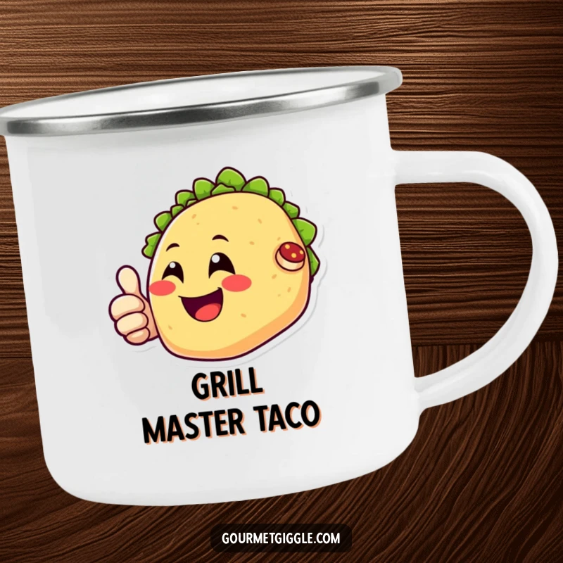Funny camping mug with a happy taco character smiling and giving a thumbs up, perfect for outdoor dining and cheer.