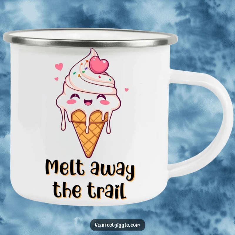 Funny Ice Cream Cone Camping Mug featuring a delighted ice cream cone dripping with glee, perfect for outdoor enthusiasts who enjoy a sweet, fun vibe.