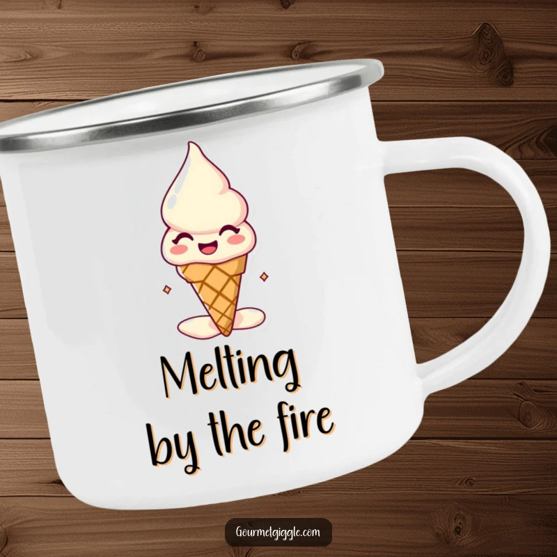 Funny melting ice cream cone camping mug, a happy, melty dessert ready for outdoor adventures, bringing sweet cheer.