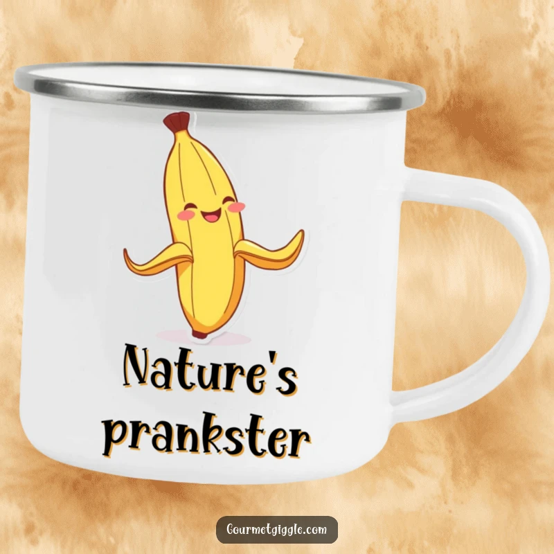 Funny Banana Peel Camping Mug: A durable mug featuring a grinning banana peel comically slipping, ideal for outdoor enjoyment and humorous sips.