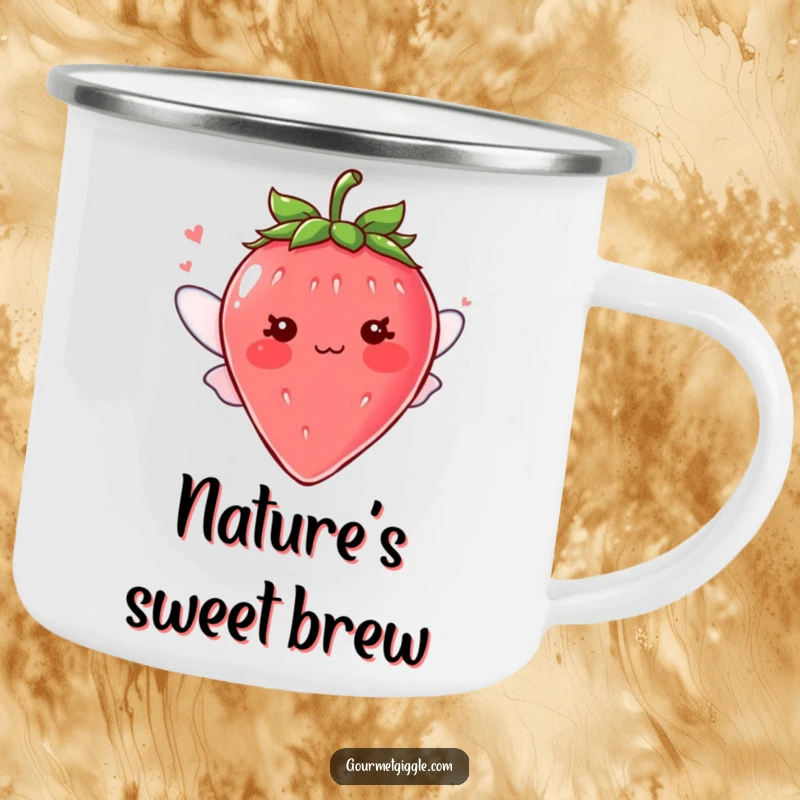Funny blushing strawberry character with tiny fluttering wings on a camping mug, cute enamel cup, perfect for outdoor adventures, a funny gift.