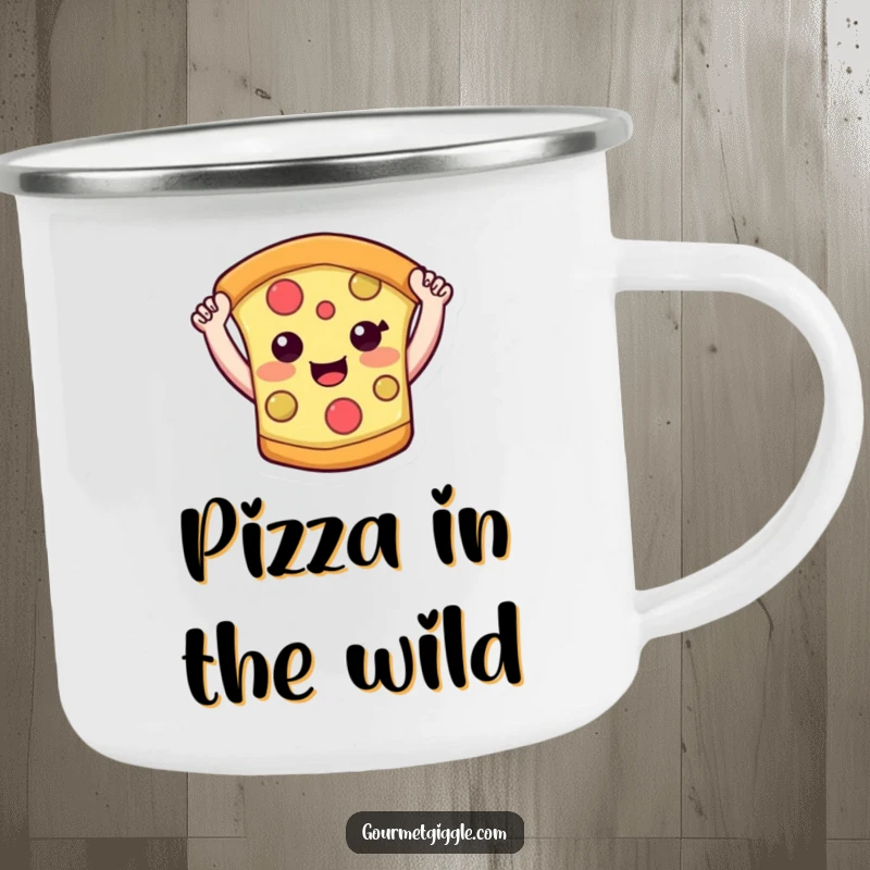 Funny pizza slice camping mug featuring a smiling pizza character with its arms raised high, ready for outdoor fun. Rugged and reliable.