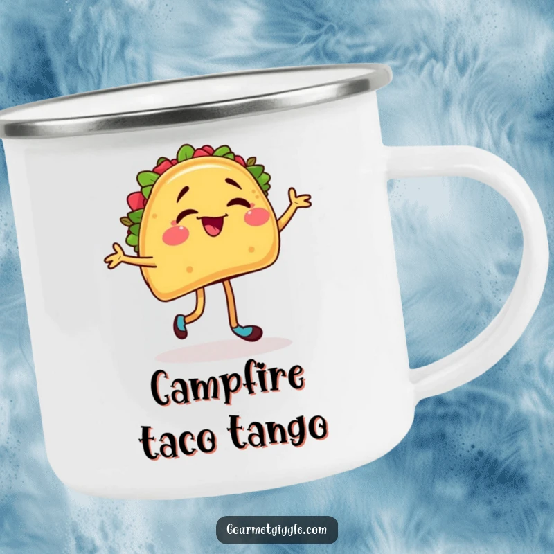 Funny camping mug featuring a winking taco in a salsa dance pose, perfect for lively outdoor enthusiasts.