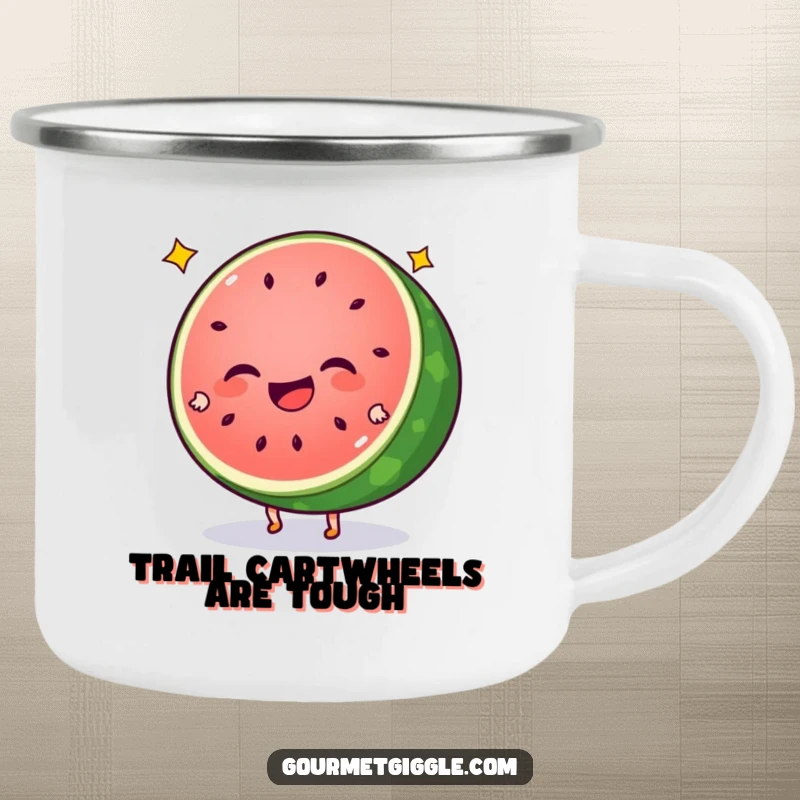 Funny watermelon camping mug with a giggling slice doing cartwheels, designed for rugged enjoyment and spreading summer cheer. Sturdy and vibrant.