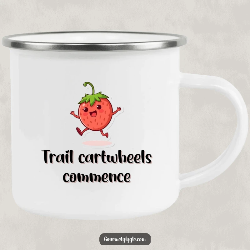 Funny strawberry character camping mug, showing a round, cheerful fruit cartwheeling under the open sky, for outdoor enjoyment.