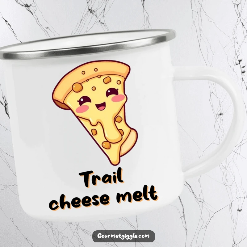 Funny camping mug showing a smiling pizza slice with its cheesy topping humorously sliding off, ideal for outdoor dining and humor.