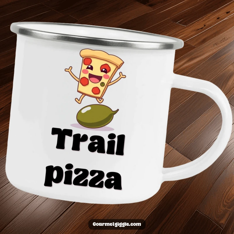 Funny camping mug depicting a grinning pizza slice with legs jumping over a giant olive, for adventurous pizza lovers.