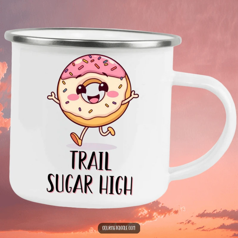 Funny camping mug showing a grinning donut mid-jump with sprinkles flying, ideal for outdoor enjoyment and humor.