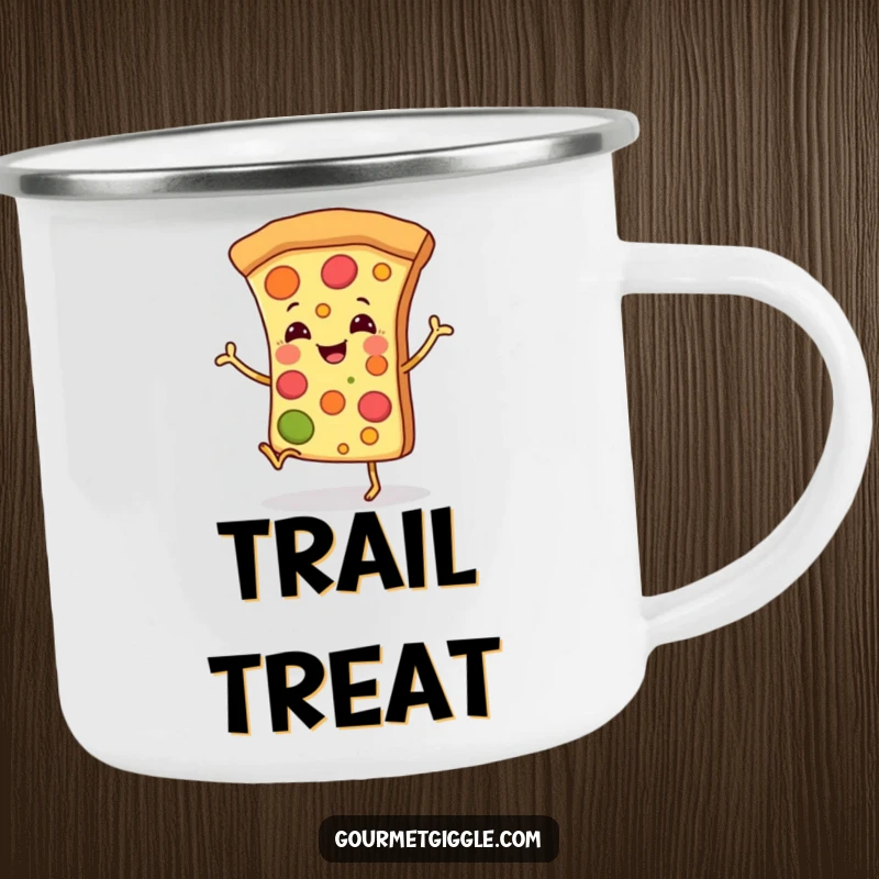 Funny camping mug featuring a smiling pizza slice with tiny legs doing a happy dance, ready for outdoor fun.