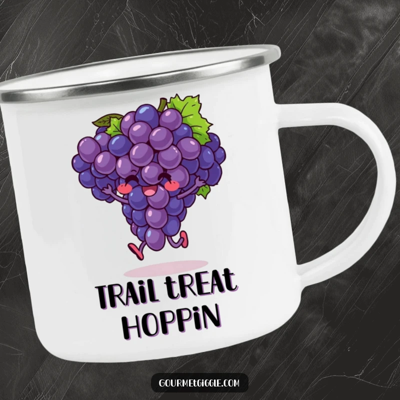 Funny camping mug showing an exuberant bunch of grapes mid-hop, perfect for cheerful outdoor enjoyment.
